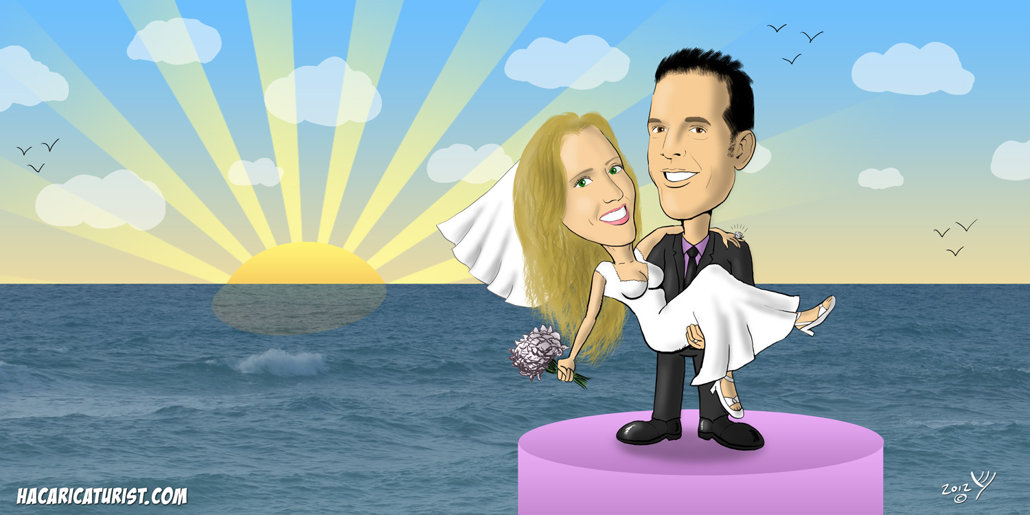 החתן והכלה על רקע ים ושקיעה - קריקטורה לחתונה עם רקע מאוייר