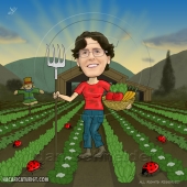קריקטורה עסקית - חקלאית בשדה אורגני עם דחליל, על רקע שקיעה