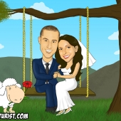 הזמנות לחתונה - קריקטורה של חתן וכלה על נדנדת עץ על רקע פסטורלי