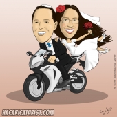 הזמנות לחתונה - קריקטורה של חתן וכלה על אופנוע