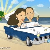 הזמנות לחתונה - קריקטורה של חתן וכלה ברכב אספנות