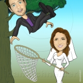 קריקטורה לחתונה - החתן נופל מעץ, הכלה עם רשת פרפרים