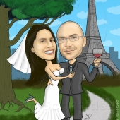 הזמנות לחתונה - קריקטורה של חתן וכלה בפריס על רקע מגדל אייפל