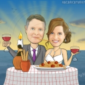 קריקטורות לחתונה - ארוחה רומנטית על רקע שקיעה כמו בסרט היפיפיה והיחפן