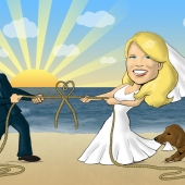 הזמנות לחתונה - משיכת חבל על חוף הים בשקיעה