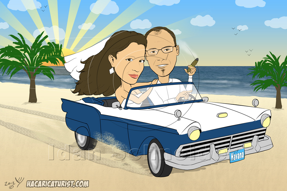 הזמנות חתונה - קריקטורה של חתן וכלה ברכב אספנות על רקע ים